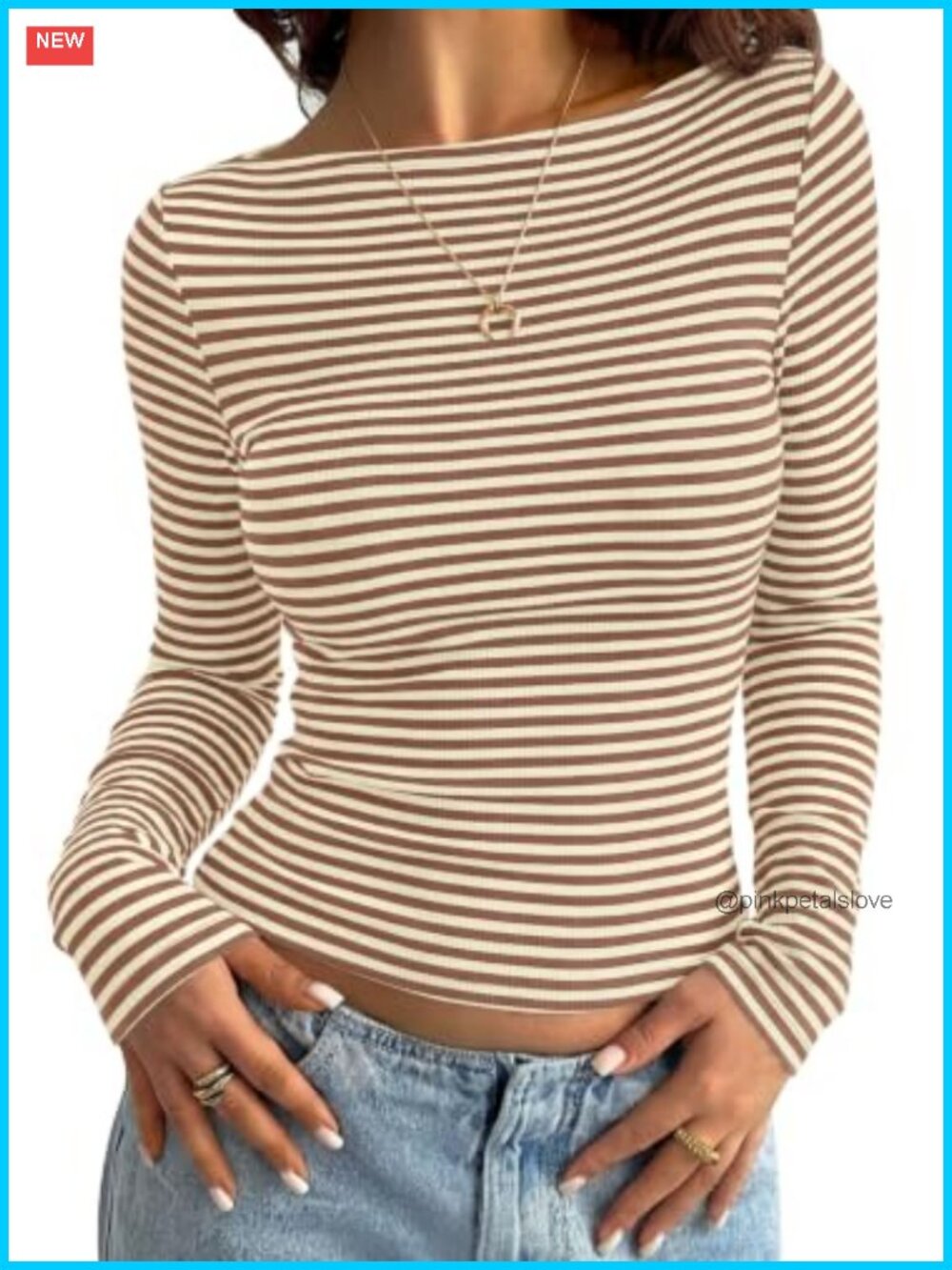 PRETTYGARDEN Long Sleeve Striped Boat Neck Ribbed Knit Top